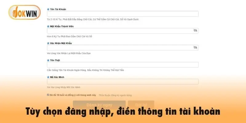 Tùy chọn đăng nhập, điền thông tin tài khoản